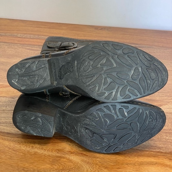 BORN Leather Black Boots with Brown Contrasting Stitching Metal Buckle Moto sz 7 - Picture 8 of 14